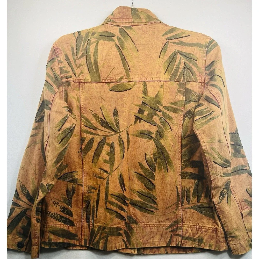 Chico's Design Womens Size 1/M Beaded Tropical Leaf Print Button Front Blazer